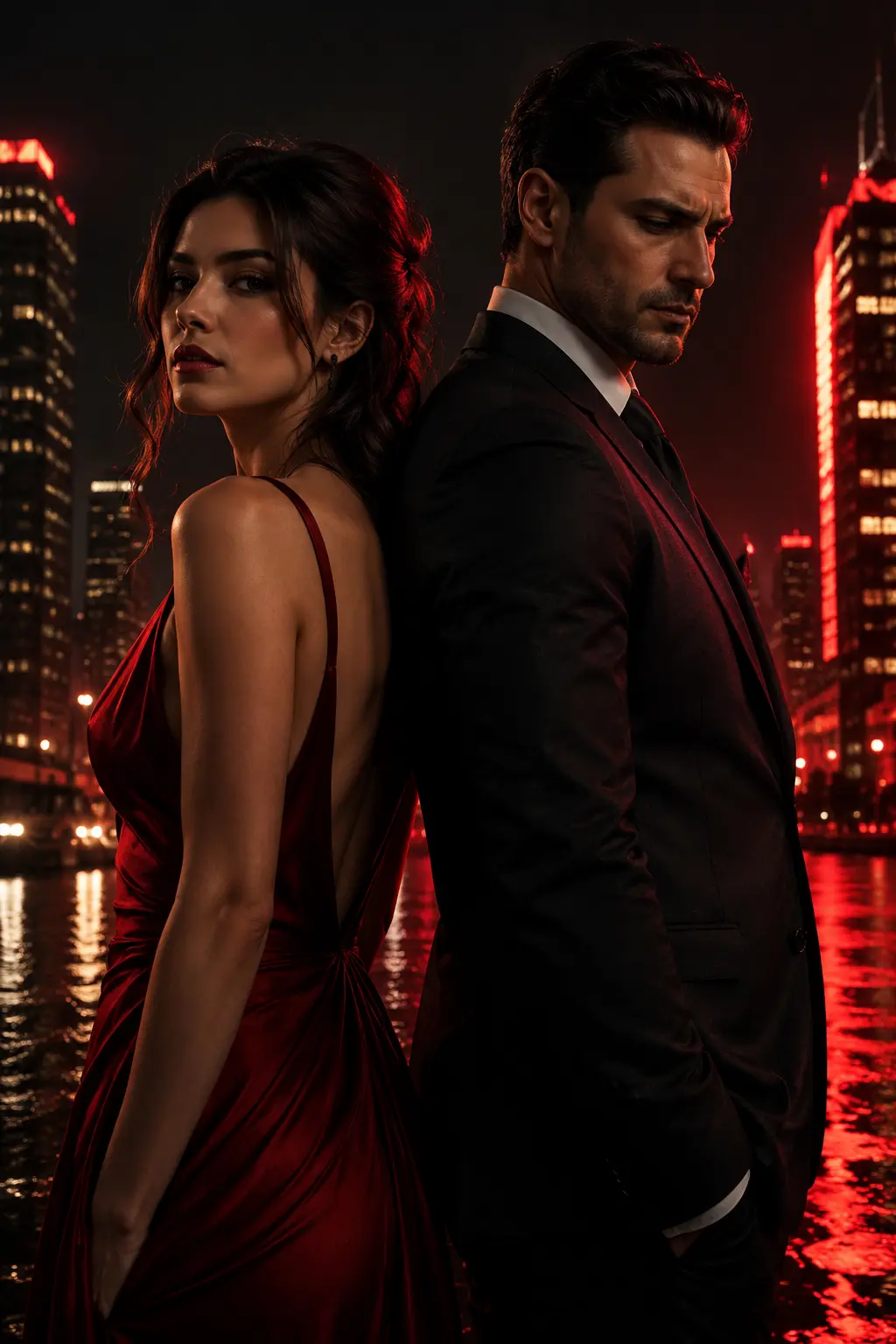 A woman in a red evening dress and a man in a dark suit standing back-to-back in a city at night