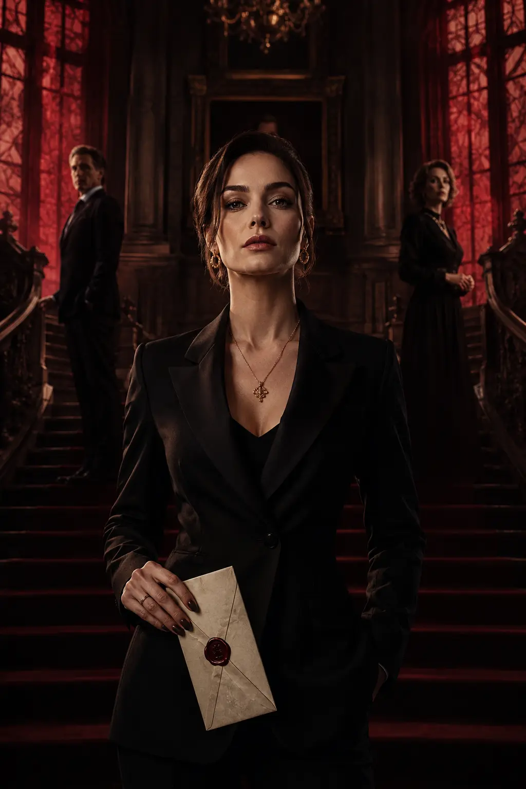 A determined heiress holding a sealed letter inside a dark family mansion