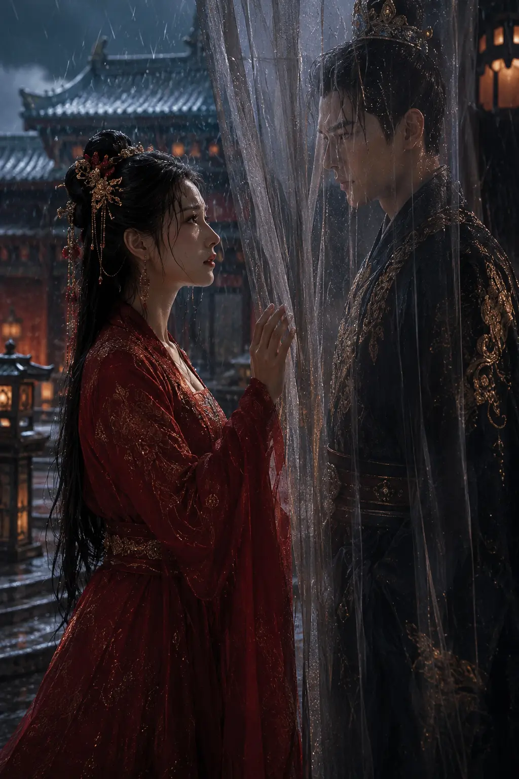 Two royal figures separated by a translucent curtain in a rain-soaked palace courtyard